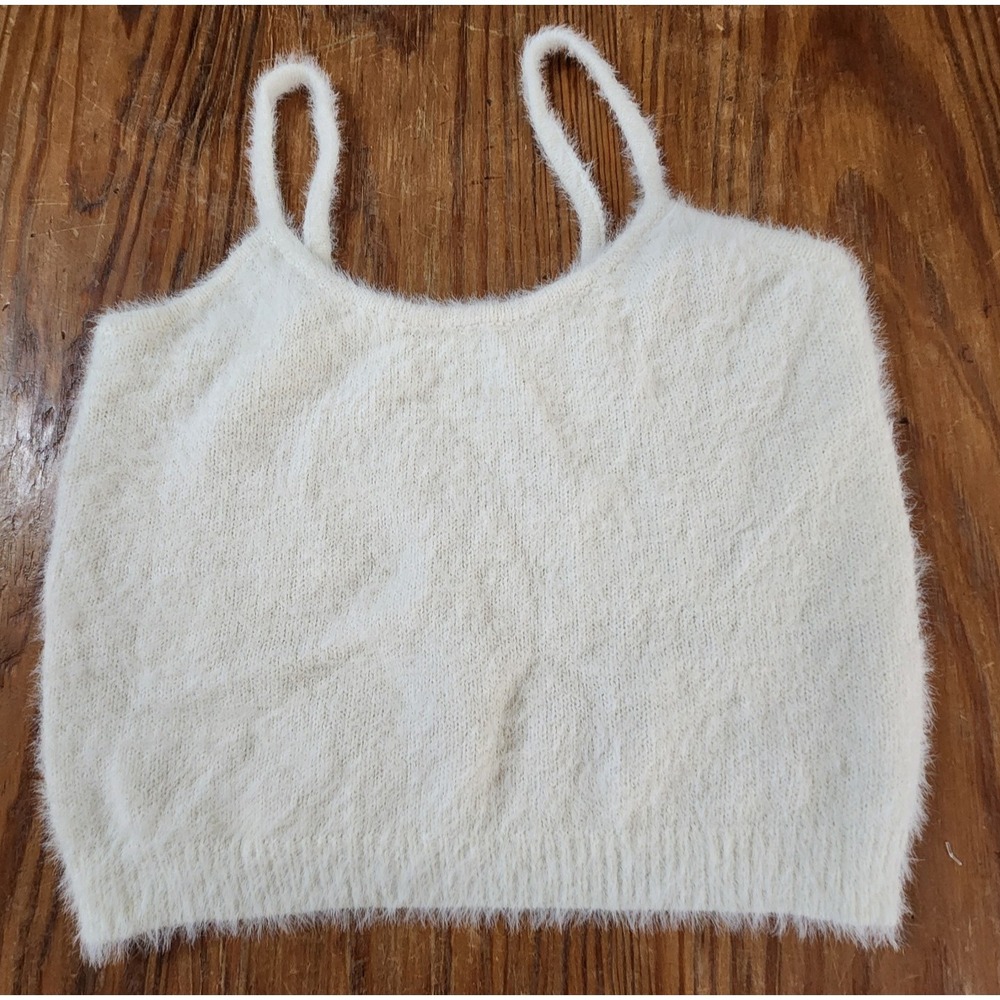 Women's White Sleeveless Crop Top Tank Top Fuzzy Furry Size Medium Large